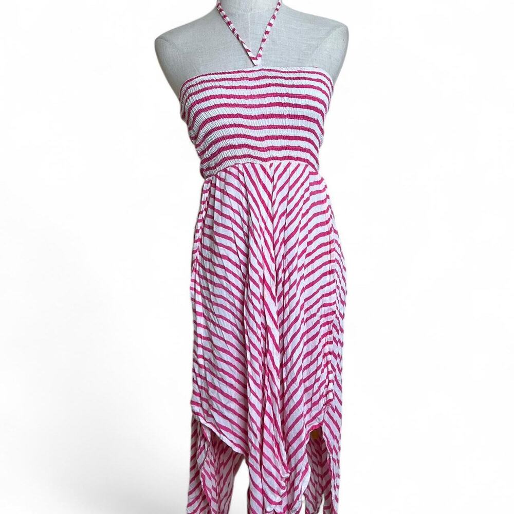 Pink and white striped halter asymmetrical dress